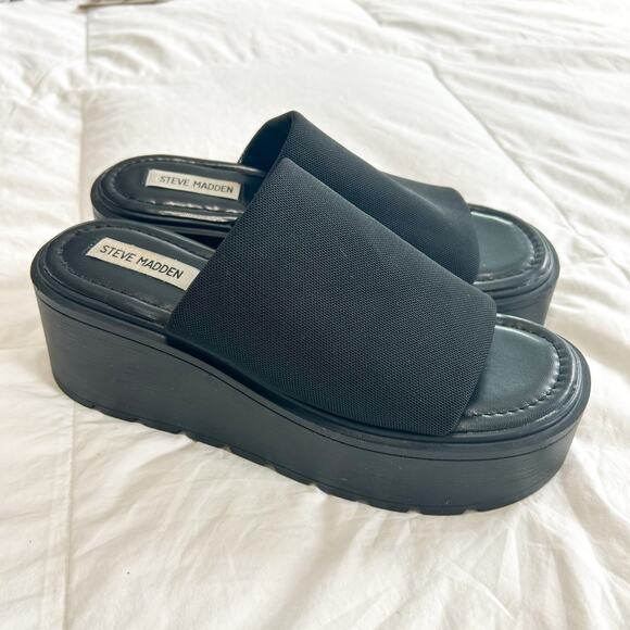 Steve Madden Overjoyed Black Mesh Platform Slide Sandals Size 8.5M EUC - Picture 5 of 8